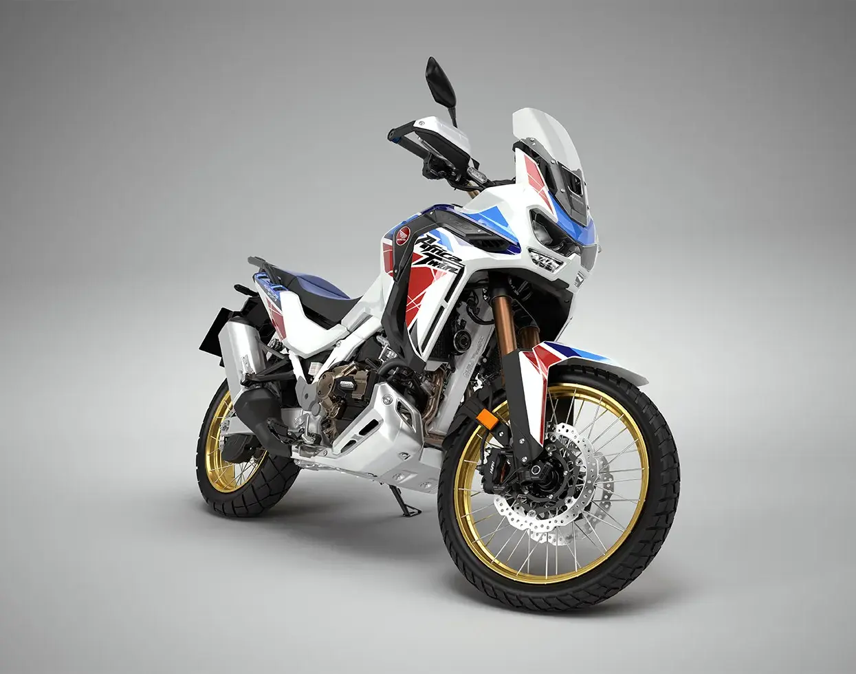 Vista 3/4 frontal direita da CRF 1100L Africa Twin Adventure Sports ES branco perolizado