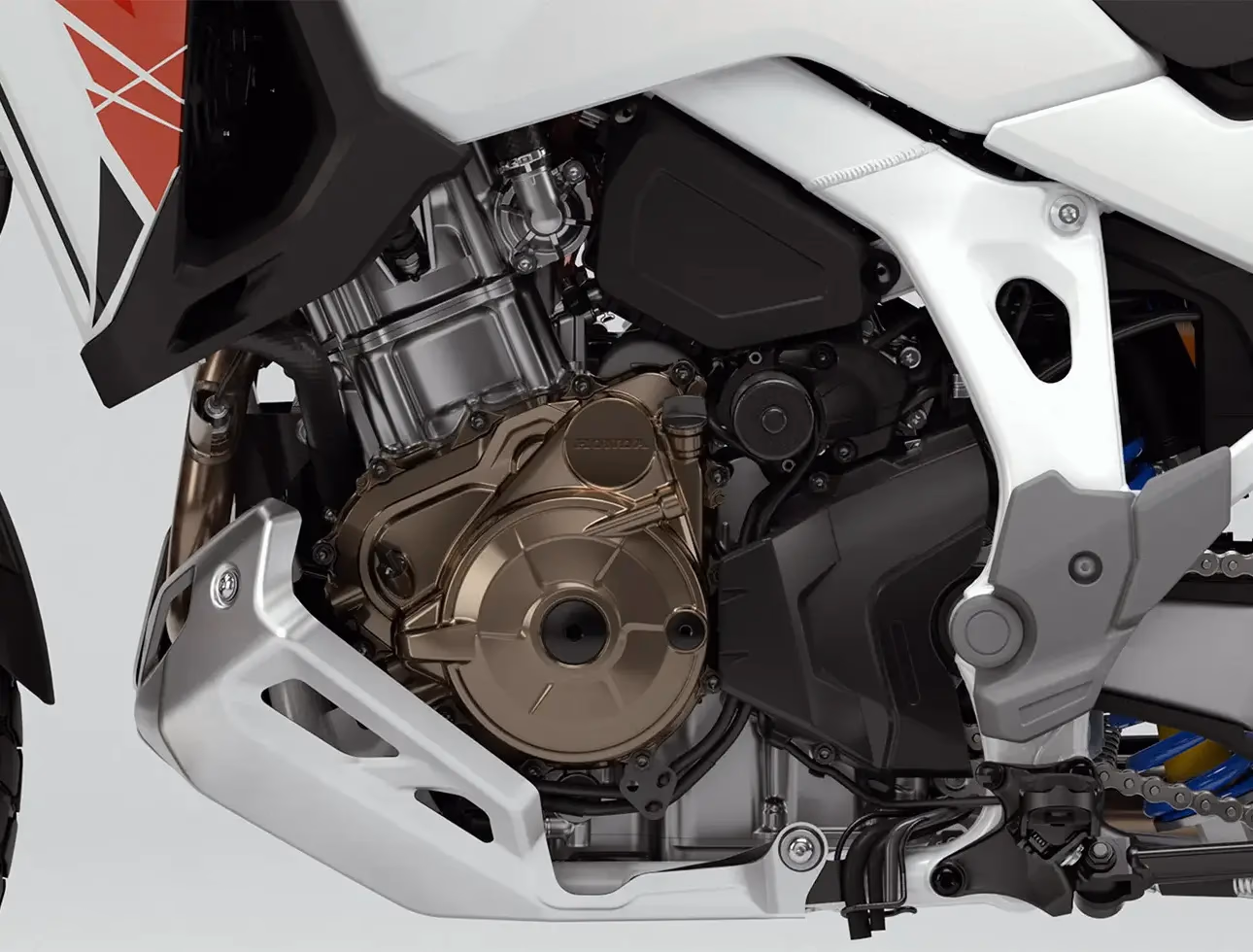 Detalhe do motor frontal da CRF 1100L Africa Twin Adventure Sports ES branco perolizado - 10 de 24